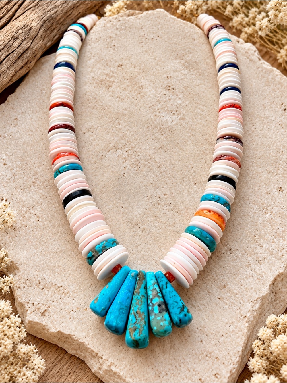 Lupe Lovato Santo Domingo Spiny Oyster Shell Onyx Heishi Necklace 24”